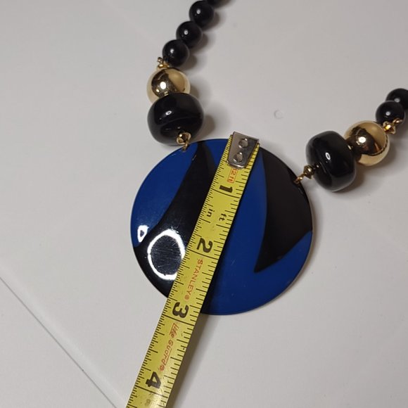 Black Plastic Bead Necklace With Large Metal Blue Pendant 25 Inches Long - Picture 11 of 12